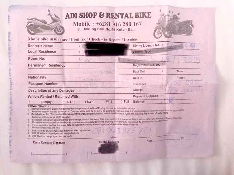 Motorcycle rental form